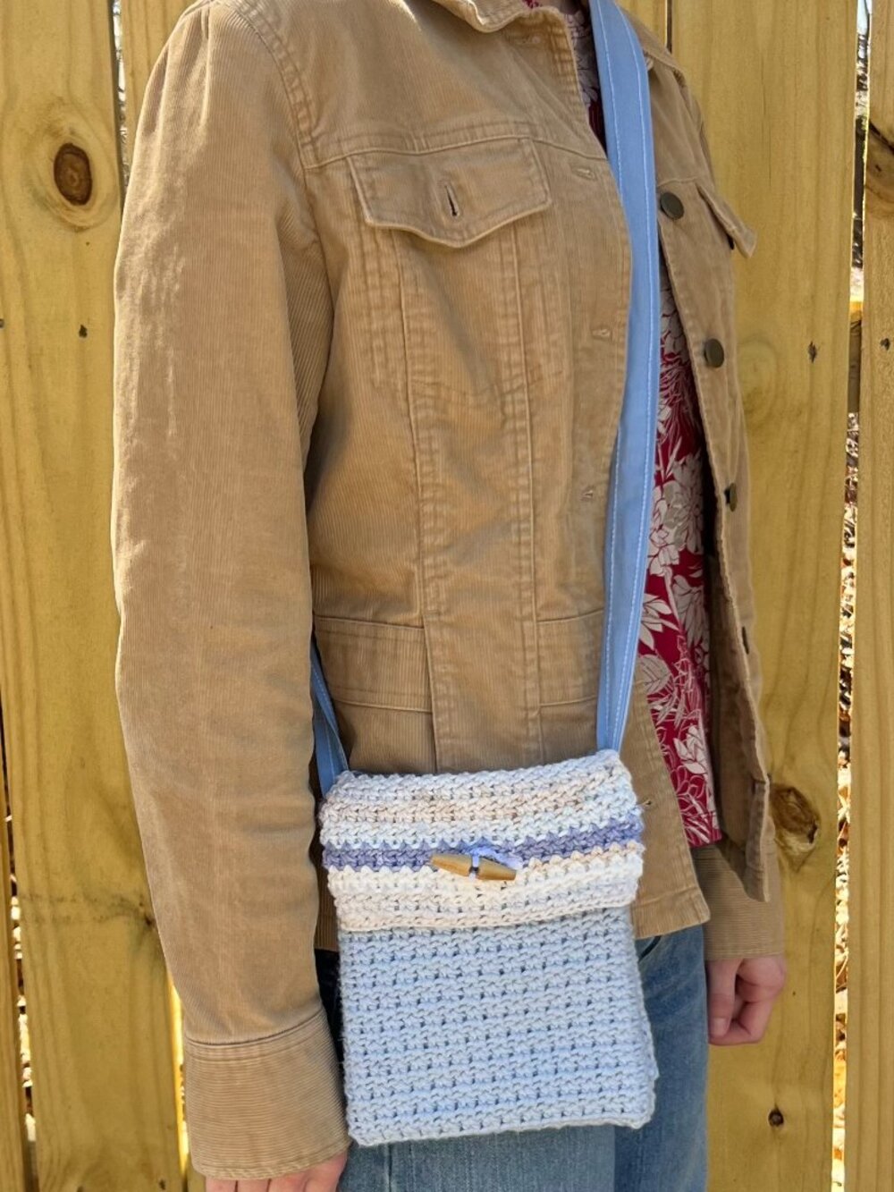 Upcycled Crochet Crossbody Purse Handmade with Repurposed Lining & Button